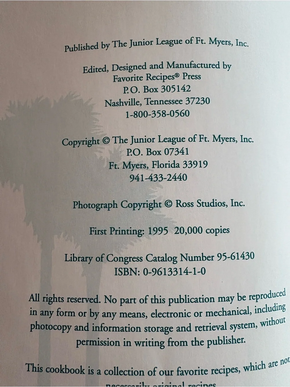 Tropical Settings Cookbook Junior League Fort Myers FL 1995 Hardcover First Ed